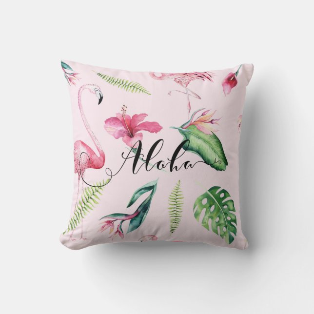 Coussin Flamant Rose Tropical Aloha Hibiscus Eté (Recto)