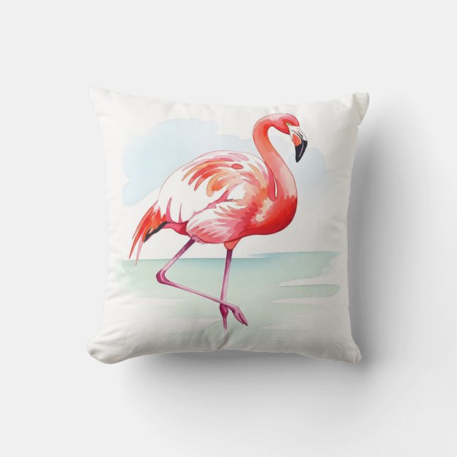 Coussin Flamant Rose Tropical Aquarelle Décoratif (Recto)