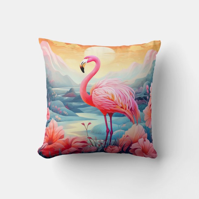 Coussin Flamant rose tropical avec fleurs-76280 (Recto)