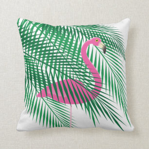 Coussin Flamant rose tropical caché dans les palmettes sur