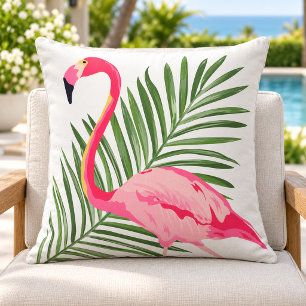 Coussin Flamant Rose Tropical Feuille de Palmier