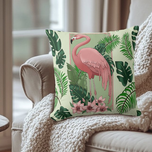 Coussin Flamant Rose Tropical Feuilles de Palmier Verts Ly (Créateur téléchargé)