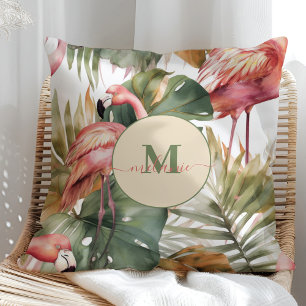 Coussin Flamant rose tropical Monstera Nom personnalisé