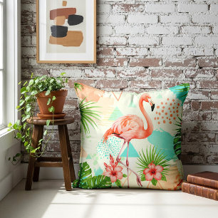 Coussin Flamant Tropical Aquarelle & Motif Géométrique
