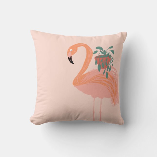 Coussin Flamant Tropical avec Plante en Pot Dessinée à la  (Recto)