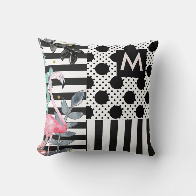 Coussin Flamants roses à pois noir et blanc amusant (Recto)