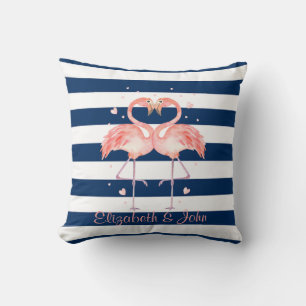 Coussin Flamants roses amoureux, rayures bleu marine
