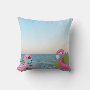 Coussin Flamants roses au bord de l'océan avec des florais