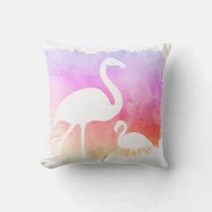 Coussin Flamants roses blancs à l'aquarelle coucher de sol