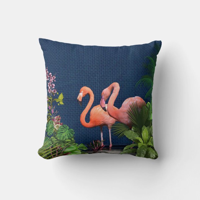 Coussin Flamants roses bleu classique vert (Recto)