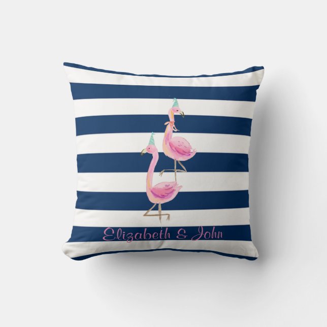 Coussin Flamants roses chic amoureux, rayures bleu marine (Recto)