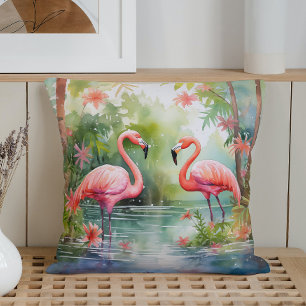Coussin Flamants Roses d'Été à l'Aquarelle