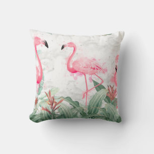 Coussin flamants roses en plantes tropicaux sur un dos tex