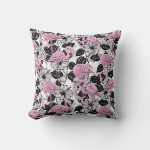 Coussin Flamants roses et fleurs d'hibiscus