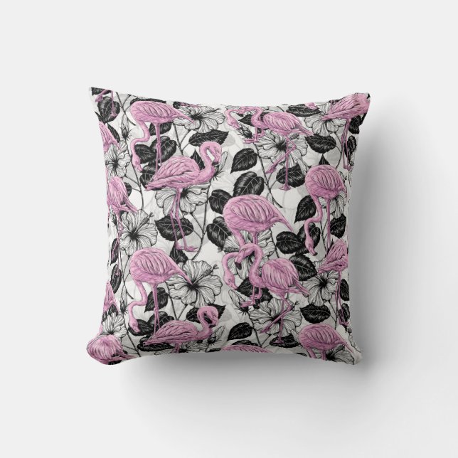 Coussin Flamants roses et fleurs d'hibiscus (Recto)