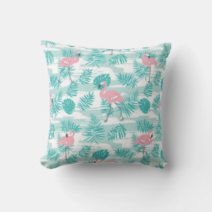 Coussin flamants roses, feuilles de palmiers verts, tropic