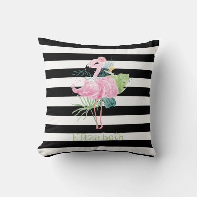 Coussin Flamants roses, Feuilles tropicales Rayures noires (Recto)