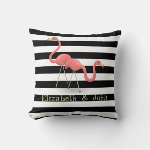 Coussin Flamants roses mignons, noir, bandes blanches Pers