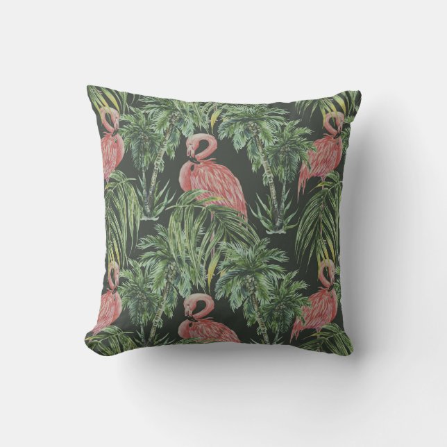 Coussin Flamants roses, motif vintage tropical. (Recto)