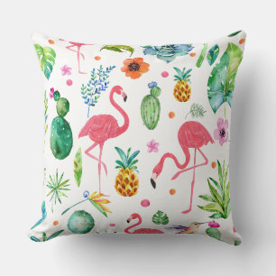 Coussin Flamants roses roses et Motif de cactus tropicaux