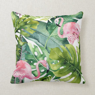 Coussin Flamants roses roses et palmettes tropicales