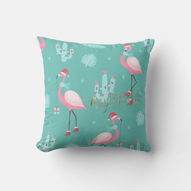 Coussin Flamants roses Santa Hat présente des flocons de n (Recto)