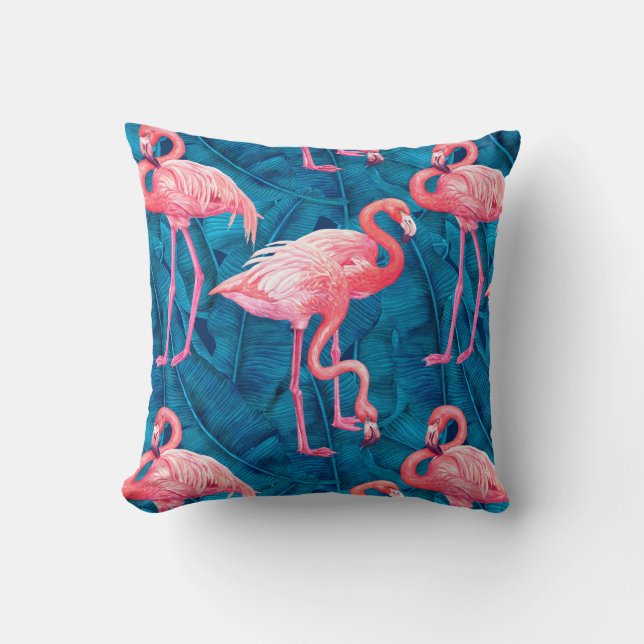 Coussin Flamants roses sur feuilles de bananes bleues (Recto)