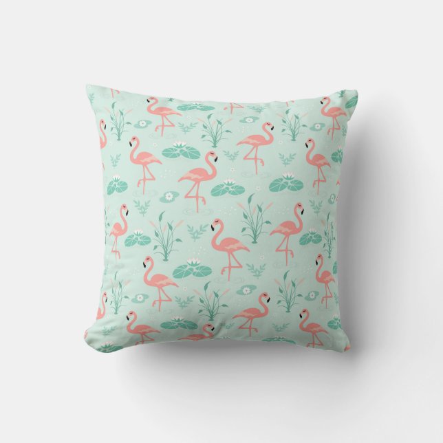 Coussin Flamants roses Vert Tropical Oiseaux (Recto)