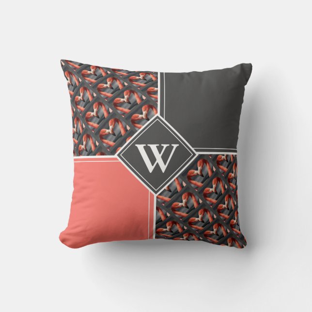 Coussin FLAMINGO Monogramme personnalisé Corail Gris (Recto)