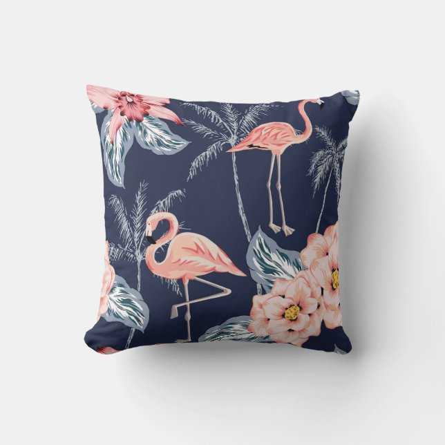 Coussin Flamingo rose, palmiers, rose, fleur d'orchidées,  (Recto)