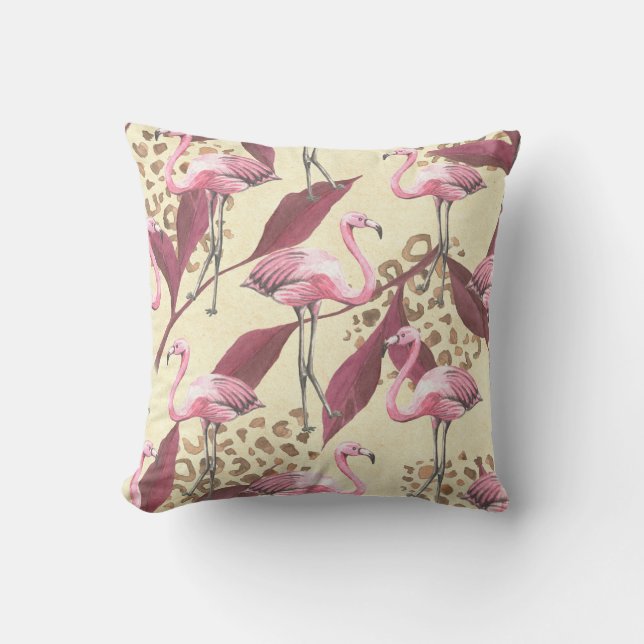 Coussin Flamingo rose tropical, motif léopard. (Recto)