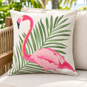 Coussin Flamingo Rose Tropical Palmier Lin Beige