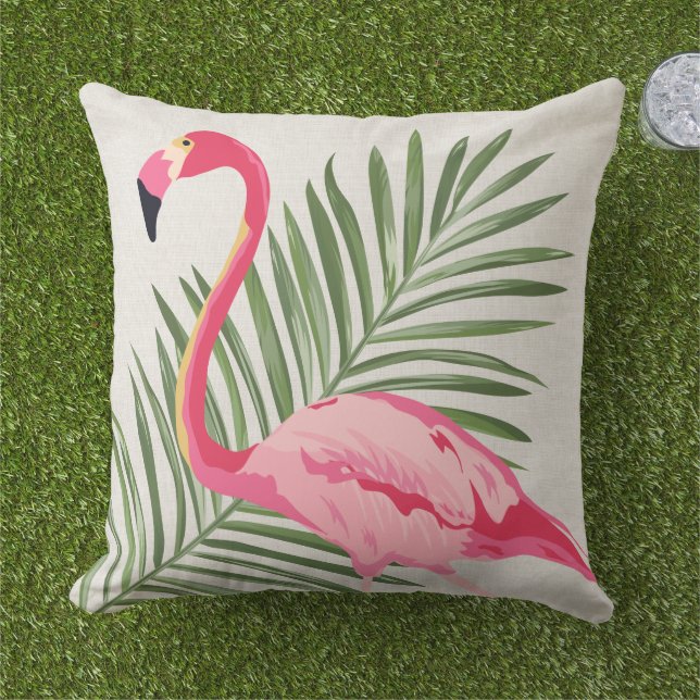 Coussin Flamingo Rose Tropical Palmier Lin Beige (Herbe)