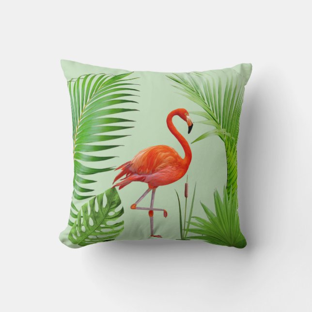 Coussin Flamingo rouge & feuilles de palmier tropical sur  (Recto)