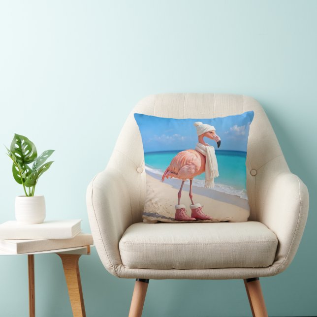 Coussin Flamingo Wearing Winter Scarf and Hat (Chaise)