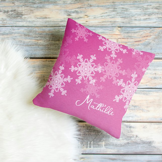 Coussin Flammes de neige blanches roses Nom de Noël minima (Créateur téléchargé)