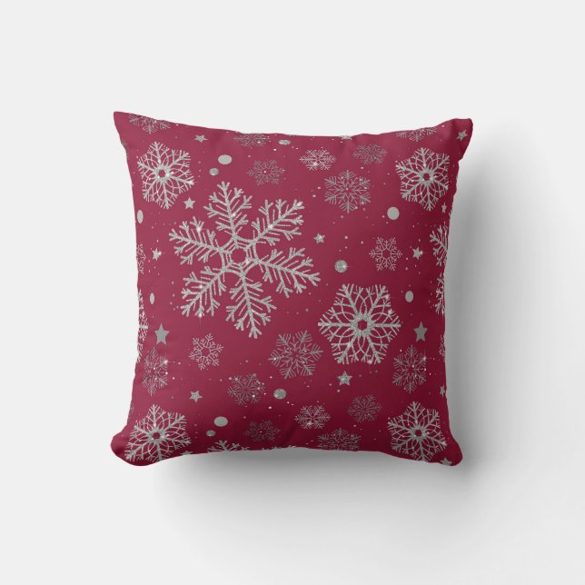 Coussin Flammes de neige en argent sur rouge foncé (Recto)
