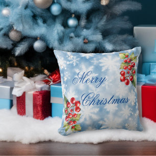 Coussin Flammes de neige Icy Blue Winter & Holly Joyeux No