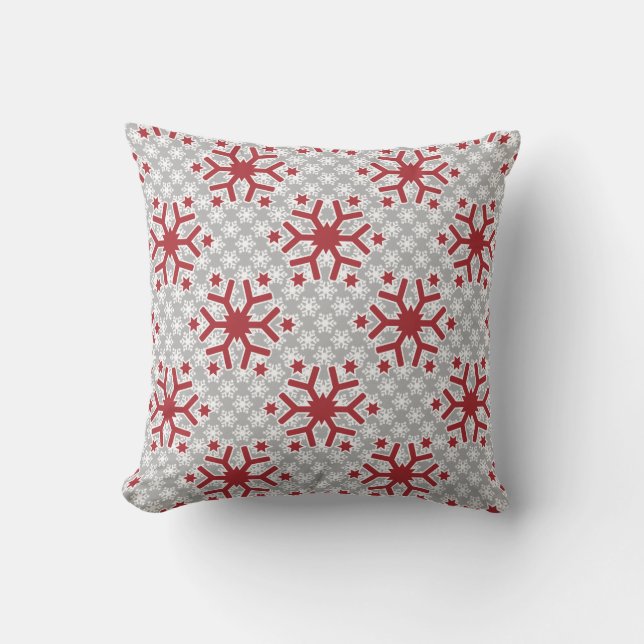 Coussin Flammes de neige rouge réversible motif gris hiver (Recto)