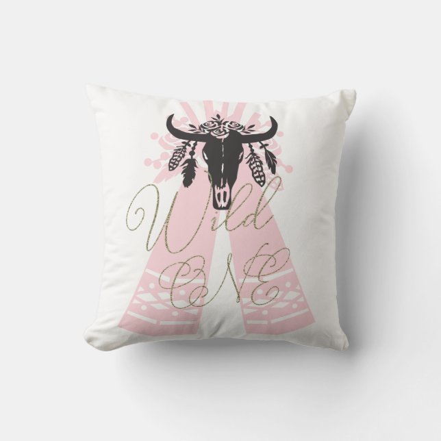 Coussin Flèches de Tipi Rose & Noir Bohème Chic Sauvage UN (Recto)