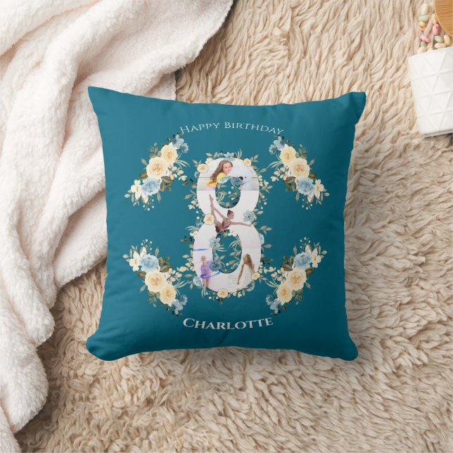 Coussin Fleur 8e anniversaire Turquoise photo Collage bleu (Couverture)