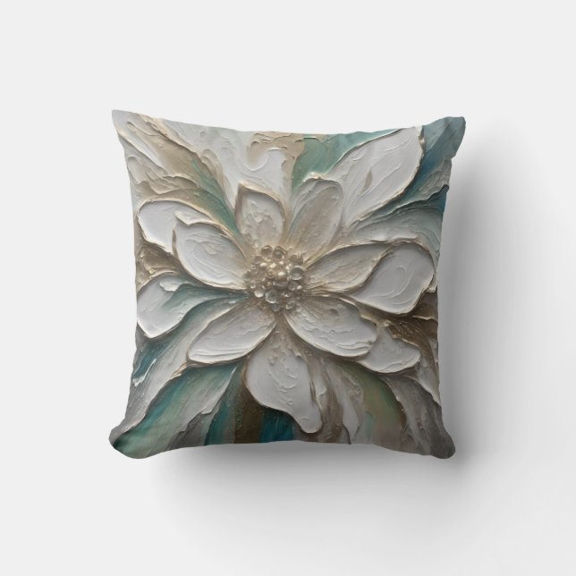 Coussin Fleur Abstraite Bleu Vert Or et Blanc (Recto)
