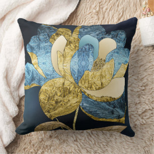 Coussin Fleur Abstraite bleue et or avec pétales texturés
