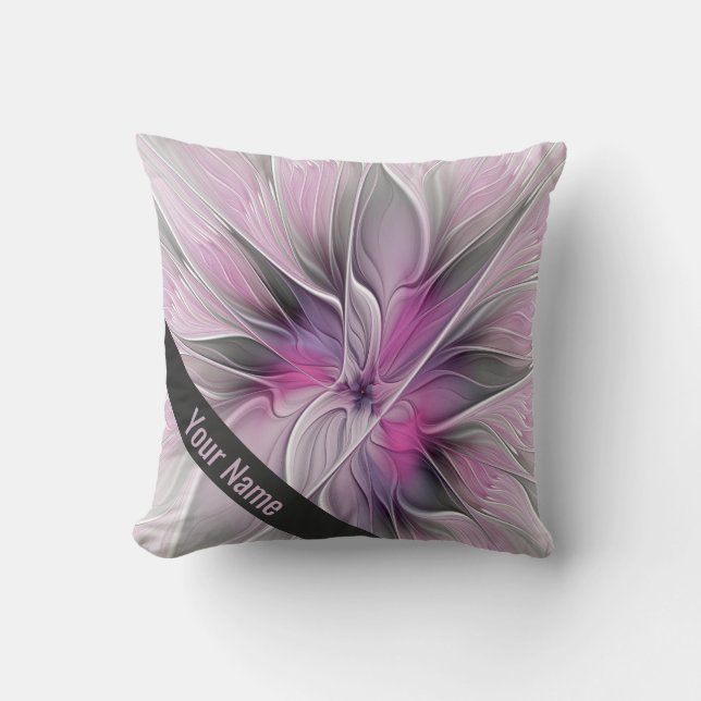 Coussin Fleur Abstraite Fractale Florale Rose Gris Nom Per (Recto)