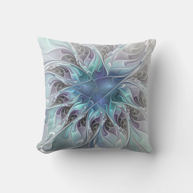 Coussin Fleur Abstraite Fractale Moderne Avec Bleu (Recto)