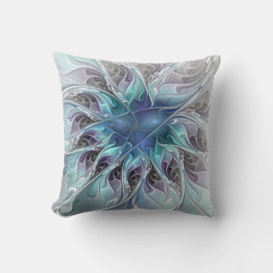 Coussin Fleur Abstraite Fractale Moderne Avec Bleu