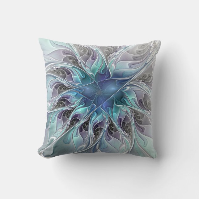 Coussin Fleur Abstraite Fractale Moderne Avec Bleu (Recto)