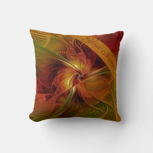 Coussin Fleur Abstraite Rouge Orange Brown Nom vert (Recto)