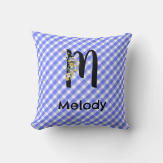 Coussin Fleur aquarelle à motif gingham bleu monogramme