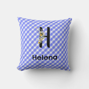 Coussin Fleur aquarelle à motif gingham bleu monogramme